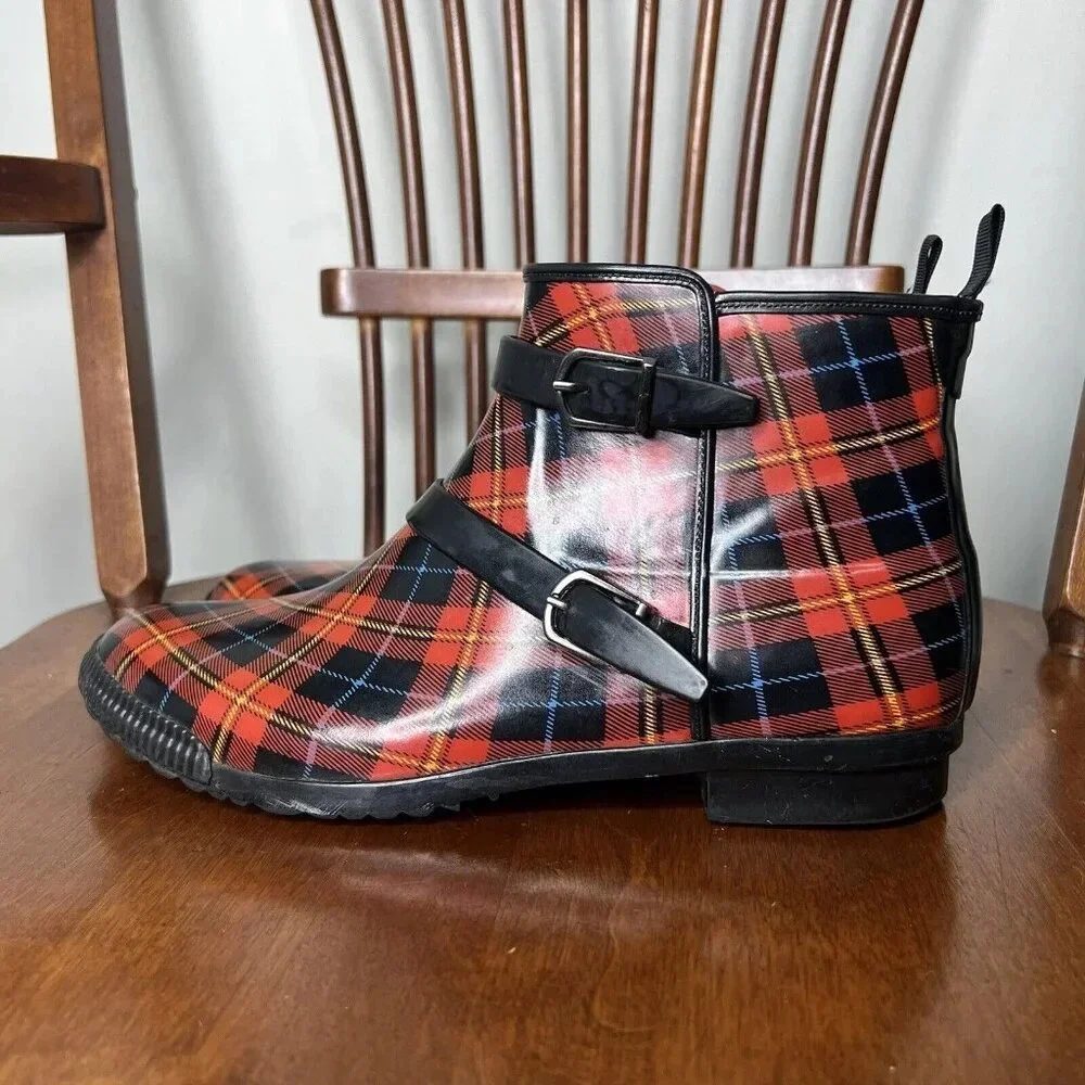 Cougar Royale Red Plaid Rain Boots Hand Crafted Fall Autumn Booties Sz 8 - Picture 2 of 9